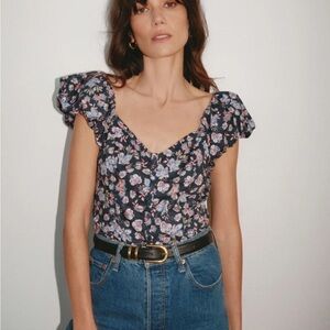 Nation LTD Angel Top Navy Midsummer sweetheart neckline bubble sleeve Sz XS NEW